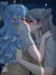  blue_hair blush braid braided_bangs breasts cone_hair_bun couple double_bun grey_hair hair_bun highres hololive hololive_indonesia jasper_xandros kobo_kanaeru liquid_hair long_hair multicolored_hair multiple_girls shirt split_ponytail vestia_zeta vestia_zeta_(1st_costume) virtual_youtuber yuri 