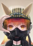  1girl adjusting_clothes adjusting_headwear answering bomber_jacket ear_covers fur-trimmed_jacket fur_trim hair_between_eyes helmet highres horse_girl jacket long_hair looking_at_viewer mask mayano_top_gun_(umamusume) orange_eyes orange_hair oxygen_mask pilot_helmet simple_background solo top_gun:_maverick umamusume 