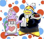 2011 anthro avian beak bird blue_body blush butler chasoba11 clothed clothing crossdressing duo escargoon facial_hair food gastropod goatee green_shell hat headgear headwear holding_plate japanese_description king_dedede kirby:_right_back_at_ya! kirby_(series) looking_at_viewer maid_uniform male mature_anthro mature_male meat mollusk nintendo open_mouth overweight overweight_anthro overweight_male pattern_background penguin shell simple_background snail uniform yellow_beak