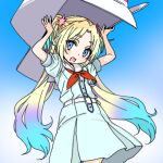  1girl ;d arms_up blonde_hair blue_background blue_dress blue_eyes blue_hair box cardboard_box commentary_request cowboy_shot curtained_hair dress fang flower gradient_background gradient_hair hair_flower hair_ornament hasu_no_sora_school_uniform holding holding_above_head holding_box link!_like!_love_live! looking_at_viewer love_live! medium_dress multicolored_hair neckerchief one_eye_closed osawa_rurino osawa_rurino's_cardboard_box parted_bangs pink_flower pleated_dress puffy_short_sleeves puffy_sleeves purple_hair red_neckerchief sailor_collar sailor_dress school_uniform shinanoya_(satanicad) short_sleeves skin_fang smile solo summer_uniform twintails virtual_youtuber white_sailor_collar 