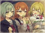  3girls azusawa_kohane bag black_jacket blonde_hair bow braid braided_bangs brown_hair closed_eyes gift green_eyes grey_hair hair_bow hanasato_minori highres hinomori_shiho holding holding_bag holding_gift holding_strap hood hooded_jacket jacket long_sleeves miyamasuzaka_girls'_academy_school_uniform multiple_girls neckerchief open_mouth project_sekai red_neckerchief sailor_collar school_uniform short_twintails sidelocks smile step_by_step!_(project_sekai) twintails two-tone_bow uminokaisen upper_body white_sailor_collar 