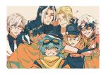  6+boys absurdres animal_on_shoulder arm_on_another's_shoulder badger baseball_cap blush che_(path_to_nowhere) commentary_request cross_scar demon_(path_to_nowhere) donald_(path_to_nowhere) eyepatch facial_hair fang fingerless_gloves gloves goggles goggles_on_head hair_between_eyes hair_bun hat hat_ribbon heart highres kawa-kawa_(path_to_nowhere) levy_(path_to_nowhere) medical_eyepatch middle_ring mr._fox_(path_to_nowhere) multicolored_hair multiple_boys necktie one_eye_closed partially_fingerless_gloves path_to_nowhere pippy_(path_to_nowhere) ribbon round_eyewear scar scar_on_face scar_on_lip scar_on_mouth semi-rimless_eyewear shizuku_kaworu short_hair star_(symbol) stubble toothpick two-tone_hair v wolverine_(path_to_nowhere) 