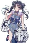 1girl blue_dress blue_shoes blush china_dress chinese_clothes closed_mouth double_bun dress floating_hair hair_bun hair_intakes highres lilac_(li_lac_3) link!_like!_love_live! long_hair looking_at_viewer love_live! murano_sayaka murano_sayaka_(si_lianqin_zhi_hu) shoes side_slit simple_background sleeveless sleeveless_dress smile solo tiger twintails virtual_youtuber white_background white_tiger 