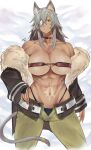  abs bandeau belt choker dark-skinned_female dark_skin eyepatch fur-trimmed_jacket fur_trim ghislaine_dedoldia green_pants highleg highleg_panties highres jacket kuma_(jk0073) muscular muscular_female mushoku_tensei obliques one-eyed open_belt open_pants panties pants red_bandeau red_choker scar scar_on_cheek scar_on_face scar_on_stomach tail tail_ornament tail_ring underwear 