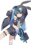  1boy alternate_costume animal_hood belt black_choker black_jacket black_shorts blowing_bubble_gum bronya_zaychik bronya_zaychik_(cosplay) bronya_zaychik_(haxxor_bunny) chewing_gum choker cosplay crop_top earrings fur-trimmed_jacket fur_trim genshin_impact gloves green_hair gun hair_between_eyes highres holding holding_weapon hood hood_up hooded_jacket jacket jewelry knee_pads lohen_(genshin_impact) long_sleeves male_focus midriff open_clothes open_jacket p4ngch4n short_shorts shorts simple_background single_earring single_knee_pad solo thigh_strap weapon weapon_request white_background 