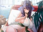  1girl ayul_(ayulneri_92) blue_eyes blue_hair blush breasts cup hair_over_eyes highres leaf navel original pointy_ears sideboob sitting smile solo 