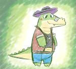  2022 alligator alligatorid anthro biped blush bottomwear brok_(character) brok_the_investigator clothing crocodilian green_body hat headgear headwear keeperaft kemono later_alligator pants reptile scalie shirt simple_background solo style_parody topwear 