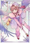  1girl :d antenna_hair bell border brown_hair cardcaptor_sakura cherico cherry_blossoms commentary_request feathered_wings flower flying from_above full_body fuuin_no_tsue green_eyes hat hat_flower highres juliet_sleeves kero_(cardcaptor_sakura) kinomoto_sakura kinomoto_sakura_(cherry_blossom_costume) long_sleeves looking_at_viewer magical_girl open_mouth pants petals pink_pants pink_shirt puffy_sleeves purple_hat red_shoes riding shirt shoes short_hair signature sitting smile solo white_wings wings 
