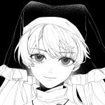  1girl black_background closed_mouth commentary_request frills hair_between_eyes haniyasushin_keiki headscarf highres long_hair looking_at_viewer monochrome mumirror13708 portrait smile solo touhou 