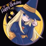  1girl absurdres back_bow birthday black_dress black_hat blonde_hair blue_eyes bow brooch closed_mouth commentary_request crescent_moon dated dress halloween hand_on_headwear hand_up happy_birthday hat highres jewelry juliet_sleeves long_hair long_sleeves looking_at_viewer madou_monogatari moon nkmt829 orange_bow orange_sash pennant puffy_sleeves puyopuyo sleeves_past_wrists smile solo star_(symbol) string_of_flags upper_body witch_(puyopuyo) witch_hat 