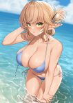  1girl aegis_(takunomi) armpit_crease ass_visible_through_thighs bangs bare_arms bare_shoulders bikini blonde_hair blue_bikini blue_sky breasts cleavage cloud commentary_request cowboy_shot day dutch_angle elf enjo_kouhai folded_ponytail green_eyes hair_ornament hairclip halterneck hand_on_own_head hand_on_own_thigh hand_up highres horizon large_breasts leaning_forward looking_at_viewer navel ocean outdoors parted_lips pointy_ears ponytail side-tie_bikini_bottom sidelocks skindentation sky solo standing stomach string_bikini swimsuit takunomi thigh_gap thighs wading water wet wet_clothes wet_swimsuit 