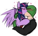 accessory anon bestiality blush clothing duo equid equine female feral friendship_is_magic hasbro heart_symbol hi_res horn human human_on_feral interspecies kissing madragon making_out male male/female mammal my_little_pony mythological_creature mythological_equine mythology necktie simple_background suit twilight_sparkle_(mlp) winged_unicorn wings