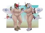  2022 absurd_res aircraft anthro belly big_belly big_breasts blue_eyes breasts brown_clothing charlotte_(panzerschreckleopard) chubby_female clothing colored container cup duo female flight_suit gesture giggling glistening glistening_body green_body hand_on_mouth hi_res laugh living_aircraft living_machine living_vehicle machine ndragon3 overweight overweight_female p-47 p-47_thunderbolt pauline_(ndragon3) sharp_teeth straw talking_to_another teeth vehicle wide_hips wings world_war_2 