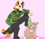  anthro bafosfornais blush canid canine canis clothing domestic_dog dominant dominant_male duo femboy genitals horn knife leash leash_pull male male/male mammal military_uniform multicolored_body penis pink_background ruster_(bafosfornais) simple_background stare staring_at_penis submissive submissive_male tongue tongue_out uniform wolf 