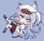  1girl :d ;d animal_ears ankle_boots asagi501 boots brown_skirt capelet character_name character_request coat commentary_request drop_shadow flat_chest floating fox_ears fox_girl full_body gold_trim grey_boots hand_up hat highres long_hair long_sleeves looking_at_viewer messy_hair miniskirt one_eye_closed open_clothes open_coat original pink_eyes pleated_skirt purple_background simple_background skirt smile solo striped_clothes striped_skirt thigh_strap two_side_up v vrchat white_capelet white_coat white_hair white_hat 