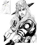  1boy armband beard cape commentary cowboy_hat english_commentary facial_hair goggles goggles_on_headwear greyscale gyro_zeppeli hat hatching_(texture) high_collar highres jojo_no_kimyou_na_bouken long_hair male_focus monochrome mrszeppelii parted_lips reference_inset short_sleeves signature solo steel_ball_run 