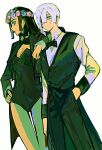  2boys absurdres black_bow black_bowtie black_hair black_leotard black_pants black_vest bow bowtie braid breasts brothers chinese_commentary closed_mouth commentary commentary_request detached_collar dragona_joestar flower flower_wreath green_eyes hair_over_one_eye hand_in_pocket hand_on_another's_shoulder hand_on_own_hip head_wreath highres jacket jodio_joestar jojo_no_kimyou_na_bouken leotard long_bangs long_hair long_sleeves multiple_boys pants parted_bangs shirt short_hair siblings side_braid simple_background single_braid strapless strapless_leotard tailcoat the_jojolands traditional_bowtie vest waistcoat wfed5748 white_background white_hair white_shirt 