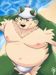  2022 anthro beach belly big_belly black_nose canid canine canis clothing domestic_dog eyes_closed gonda_29 green_body hi_res kemono lifewonders live-a-hero male mammal mokdai moobs navel nipples overweight overweight_male seaside solo swimwear video_games water 