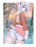 anthro anus black_claws black_markings black_nose blush bottomwear brown_clothing brown_jacket brown_topwear butt canid canine canis claws clitoral_hood clitoris clothed clothing dalmatian domestic_dog female fingers floppy_ears fur genitals hair half-closed_eyes hi_res jacket looking_at_viewer looking_back looking_back_at_viewer mammal markings miniskirt monotone_hair narrowed_eyes no_underwear outside pink_anus pink_bottomwear pink_clothing pink_skirt portrait scarf short_hair short_tail skirt smile snow snowing solo spots spotted_body spotted_fur sugarrrpeach tail tan_scarf three-quarter_portrait topwear vulva white_body white_fur white_hair yellow_eyes