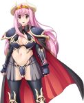  1girl :o armor armored_boots bikini_armor black_cape black_gloves black_thighhighs blush boots braid breasts cape cleavage clenched_hands corruption cowboy_shot dark_persona demon_girl demon_horns elbow_gloves faulds fingerless_gloves game_asset gauntlets gem gloves greaves groin hair_between_eyes horns knee_pads kumacchi large_breasts legs_apart loincloth long_hair looking_at_viewer navel non-web_source official_art open_mouth pauldrons pink_hair red_cape red_eyes ribbon see-through_clothes self-datamine shinomiya_rurina shoulder_armor showgirl_skirt shugo_seijo_prism_saber simple_background skirt solo standing tachi-e thighhighs tiara transparent_background v-shaped_eyebrows vambraces variant_set 