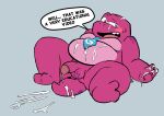 2026 after_masturbation anthro balls belly biped blush bodily_fluids cum cum_on_belly cum_on_body dialogue dinosaur english_text gameoverse genital_fluids genitals glitch_productions gobbles_(gameoverse) hi_res male matthew-fox moobs open_mouth overweight overweight_male penis pink_body prehistoric_species reptile scalie simple_background solo text