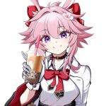  1girl bow breasts bubble_tea character_request closed_mouth commentary_request cup disposable_cup drinking_straw flower hair_bow hair_flower hair_intakes hair_ornament highres holding holding_cup honkai:_star_rail honkai_(series) jacket kuena looking_at_viewer medium_breasts open_clothes open_jacket pink_hair purple_eyes red_bow shirt simple_background smile solo upper_body white_background white_flower white_jacket white_shirt 