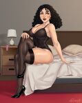  1girl animal_ears black_hair black_thighhighs blush breasts condom condom_packet_strip condom_wrapper curvy full_body high_heels highres indoors large_breasts lingerie long_hair looking_to_the_side mature_female mother_gothel red_lips rocner solo tangled thick_thighs thighhighs thighs underwear 