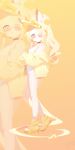  1girl absurdres animal_ear_fluff animal_ears blonde_hair blue_archive boots cross_halo crossed_arms extra_ears feet fox_ears fox_girl fox_tail from_side full_body halo highleg highleg_one-piece_swimsuit highres jacket legs long_hair looking_at_viewer off_shoulder one-piece_swimsuit orange-tinted_eyewear orange_background seia_(blue_archive) seia_(swimsuit)_(blue_archive) side_ponytail simple_background smile solo sophine-twilight standing sunglasses swimsuit tail thighs tinted_eyewear toes visor_cap white_one-piece_swimsuit yellow_boots yellow_eyes yellow_halo yellow_jacket yellow_visor_cap zoom_layer 