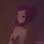  1girl back breasts commentary glasses hand_on_own_arm highres looking_at_viewer looking_back malva_(pokemon) obi3 parted_lips pink-framed_eyewear pink_eyes pink_hair pokemon pokemon_x_and_y red_nails sideboob solo topless_female twitter_username upper_body 