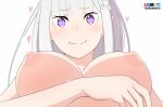  1girl artist_name blue_pupils bluesky_logo breasts elf emilia_(re:zero) fanbox_logo grey_hair heart large_breasts long_hair looking_at_viewer nipples patreon_logo pixiv_logo pointy_ears purple_eyes re:zero_kara_hajimeru_isekai_seikatsu simple_background solo sweat tsuranukko twitter_x_logo white_background 