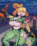 alcohol_bottle animal_crossing anthro areola areola_slip beverage beverage_bottle big_breasts biped bottle breasts camel_toe canid canine canis censored censored_nipples clothed clothing cloud container digital_media_(artwork) domestic_dog female hair isabelle_(animal_crossing) mammal mario_bros mario_kart nintendo nintendo_switch open_mouth outside race_car race_car_driver racing racing_suit shih_tzu short_hair skimpy sky snao soda solo torn_clothing toy_dog