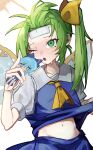  absurdres ascot blue_bow blue_eyes blue_hair blue_skirt blue_vest blush bow cirno clothes_lift cold_pack commentary daiyousei english_commentary fairy fairy_wings green_eyes green_hair highres holding holding_mini_person long_hair midriff mini_person nari_(bikkii) navel parted_lips ribbon shirt shirt_lift short_sleeves side_ponytail skirt sweat sweatdrop touhou vest white_background white_shirt wings yellow_ascot yellow_ribbon 