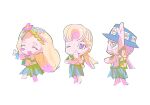  1girl 2boys ^_^ alternate_costume arm_up barefoot blonde_hair blue_hat blush_stickers bobby_jean brown_hair chibi chibi_only chinese_commentary closed_eyes commentary dress fedora flower full_body grass_skirt green_dress hacca_howler hair_flower hair_ornament hat hawaiian_shirt highres jojo_no_kimyou_na_bouken long_hair low_ponytail lulu_(the_jojolands) multiple_boys one_eye_closed open_mouth ponytail purple_eyes shirt simple_background smile the_jojolands wfed5748 white_background 