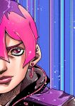  1boy araki_hirohiko_(style) blue_background close-up commentary commentary_request crosshatching earrings hair_between_eyes hatching_(texture) hood hood_down hooded_overalls jewelry jodio_joestar jojo_no_kimyou_na_bouken male_focus multicolored_hair overalls pink_eyes pink_hair pink_lips portrait purple_hair purple_overalls saradaver solo the_jojolands two-tone_hair 