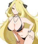  1girl bikini black_bikini black_choker black_nails black_wristband blonde_hair bracelet breasts choker chorimokki closed_mouth commentary_request cynthia_(pokemon) hair_ornament hand_on_hip jewelry large_breasts leaning_forward long_hair looking_at_viewer navel pendant pokemon pokemon_(game) pokemon_dppt simple_background smile solo stomach swimsuit very_long_hair white_background yellow_eyes 