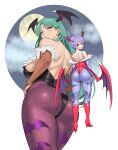  2girls absurdres animal_print ass back bare_shoulders bat_print bat_wings black_leotard blue_eyes blue_pantyhose boots breasts bridal_gauntlets commentary_request cowboy_shot darkstalkers demon_girl from_behind full_body full_moon fur-trimmed_leotard fur_trim green_eyes green_hair head_wings high_heels highleg highleg_leotard highres large_breasts leotard light_blush lilith_(darkstalkers) long_hair looking_at_viewer looking_back low_wings moon morrigan_aensland multiple_girls off-shoulder_leotard pantyhose print_pantyhose purple_hair purple_pantyhose red_boots red_eyes red_leotard short_hair siblings sisters tsu.toxine wings 