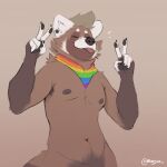  1:1 ailurid anthro brown_body brown_fur brown_hair brown_nipples claws ear_piercing eyes_closed fur fur_markings gesture hair hand_gesture hi_res kerchief lgbt_pride male mammal markings minedoo minedoo_(character) multicolored_kerchief nipples pawpads piercing pride_colors rainbow_flag rainbow_kerchief rainbow_pride_flag rainbow_symbol red_panda simple_background solo tongue tongue_out v_sign white_body white_fur 
