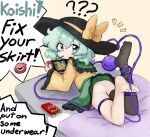  1girl ? ?? alice_grimm anger_vein angry ass bed black_hat black_thighhighs blush bow commentary disembodied_linked_eye english_commentary english_text eyeball food food_in_mouth frilled_shirt_collar frilled_sleeves frills full_body green_eyes green_hair green_skirt handheld_game_console hat hat_bow heart heart_of_string highres holding holding_handheld_game_console komeiji_koishi komeiji_satori long_sleeves looking_at_viewer lying mario_(series) medium_hair nintendo_switch no_panties notice_lines on_bed on_stomach pocky pocky_in_mouth shirt single_bare_foot single_thighhigh skirt solo the_pose thighhighs toes touhou wide_sleeves yellow_bow yellow_shirt 