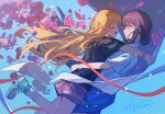  2girls arms_around_another's_waist arms_around_neck artist_name black_hair black_shirt blonde_hair blue_background blush bracelet cho_kaguya-hime! closed_eyes commentary face-to-face facing_another flower from_side green_eyes heanna jewelry kaguya_(cho_kaguya-hime!) long_hair looking_at_another multiple_girls pink_shorts profile rose sakayori_iroha shirt short_sleeves shorts signature smile very_long_hair white_shirt yuri 