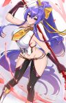  1girl antenna_hair aura backless_outfit bare_shoulders black_pants blazblue blazblue:_central_fiction blue_hair blush bow breasts burnt_green_tea closed_mouth clothing_cutout commentary curvy double-parted_bangs english_commentary feet_out_of_frame fingerless_gloves floating_ribbon gloves hair_between_eyes hair_bow hair_ribbon halterneck high_ponytail highres holding holding_behind_back holding_polearm holding_weapon holding_weapon_behind_back large_breasts long_hair looking_at_viewer lowleg lowleg_pants mai_natsume navel no_bra outseal pants pink_aura polearm ponytail purple_eyes red_eyes red_gloves revealing_clothes ribbon sideboob sidelocks signature sleeveless smile solo spear thick_thighs thigh_cutout thighs tsurime v-shaped_eyebrows very_long_hair weapon wide_hips yellow_bow yellow_ribbon 