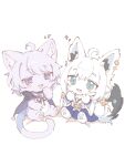  2girls :3 ahoge animal_ears aqua_eyes blush brooch cape cat_ears cat_girl cat_tail commentary_request daimyojin_t fang fox_ears fox_girl fox_tail full_body furry furry_female highres hololive jewelry looking_at_viewer multiple_girls neck_fur nekomata_okayu nekomata_okayu_(cat) open_mouth pawpads purple_eyes purple_fur purple_hair shirakami_fubuki shirakami_fubuki_(fox) sitting skirt slit_pupils sparkle star_brooch tail virtual_youtuber white_hair 