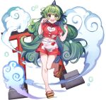  1girl artist_request brown_sandals cloud_print curly_hair game_asset geta green_eyes green_hair horns kariyushi_shirt komainu_girl komano_aunn leg_up long_hair midriff navel non-web_source official_art open_mouth paw_pose red_shirt sandals self-datamine shirt shorts simple_background single_horn smile solo toes torii touhou touhou_arcadia_record transparent_background white_shorts 