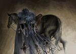  1boy absurdres animal black_cape black_coat black_hair black_horse cape capitano_(genshin_impact) coat commentary english_commentary from_behind fur_trim genshin_impact highres horse male_focus monokuro_13 reins saddle solo 