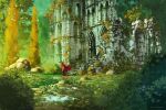  1other absurdres anato_finnstark artist_name cape crown day forest from_side grass highres moss nature original outdoors red_cape rock ruins scenery sword tree weapon 