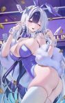  1girl ass black_streaks blue_bow blue_bowtie blue_eyes blue_leotard blush bow bowtie breasts butterfly_hair_ornament cleavage coin colored_inner_hair commentary_request detached_collar feather_boa floating_card gold_coin hair_between_eyes hair_ornament hands_up highres holding holding_coin large_breasts leotard lichiko long_hair looking_at_viewer multicolored_hair one_eye_closed open_mouth original playboy_bunny skindentation smile strapless strapless_leotard streaked_hair teeth thighs upper_teeth_only very_long_hair white_hair white_wrist_cuffs wrist_cuffs 