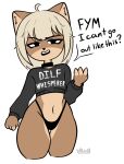annoyed anthro canid canine canis clothing collar crop_top dogfailureowo domestic_dog female flat_chested hair hana_(dogfailureowo) hi_res looking_at_viewer mammal midriff panties shirt short_hair simple_background text text_on_clothing text_on_shirt text_on_topwear thigh_gap thong tired_eyes topwear underwear white_background