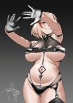  1girl absurdres azur_lane bikini black_bikini black_gloves blonde_hair blush breasts breasts_apart clothing_cutout commentary cross-laced_bikini cross-laced_clothes diamond_cutout english_commentary garter_straps gloves grin groin hand_shadow_covering_breasts_(meme) hands_up highleg highleg_bikini highres large_breasts medium_hair meme multi-strapped_bikini_bottom multicolored_hair navel navel_cutout outstretched_arms parallelrey red_hair roon_(azur_lane) seductive_smile smile solo stomach streaked_hair swimsuit two-tone_hair underboob yellow_eyes 