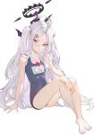  1girl absurdres ahoge barefoot black_halo blue_archive blue_one-piece_swimsuit blush breasts commentary demon_girl demon_horns dunnie1130 hair_ornament hairclip halo highres hina_(blue_archive) hina_(swimsuit)_(blue_archive) horns long_hair looking_at_viewer multiple_horns name_tag official_alternate_costume one-piece_swimsuit parallel_hairclips parted_bangs purple_eyes school_swimsuit simple_background small_breasts solo swimsuit unfinished whistle whistle_around_neck white_background white_hair 