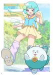  1girl 1other :d absurdres animal_ear_fluff animal_ears aqua_eyes aqua_hair aqua_shoes blue_shirt border creature day hair_ornament hairclip highres layered_shirt mahou_no_shimai_lulutto_lilly multicolored_eyes nao_suke nonoyama_fuu open_mouth outdoors outside_border pac-man_eyes pink_eyes purple_eyes purple_socks running shirt shoes short_hair skirt smile socks star_(symbol) star_hair_ornament tube_socks uguisu_(mahou_no_shimai_lulutto_lilly) watermark white_border white_shirt yellow_skirt 