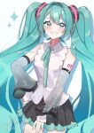  1girl aqua_eyes aqua_hair aqua_ribbon aqua_trim artist_name black_skirt blush commentary cowboy_shot detached_sleeves dot_nose grin hair_between_eyes hair_ornament hand_on_own_hip hatsune_miku hatsune_miku_(nt) highres layered_sleeves long_hair looking_at_viewer miniskirt neck_ribbon number_tattoo piapro_studio pleated_skirt ribbon see-through_clothes see-through_sleeve_layer see-through_sleeves shirt shoulder_tattoo simple_background skirt sleeveless sleeveless_shirt smile solo sparkle tattoo twintails twitter_username uwa_illust_v16v very_long_hair vocaloid wave_print white_background white_shirt wide_sleeves 